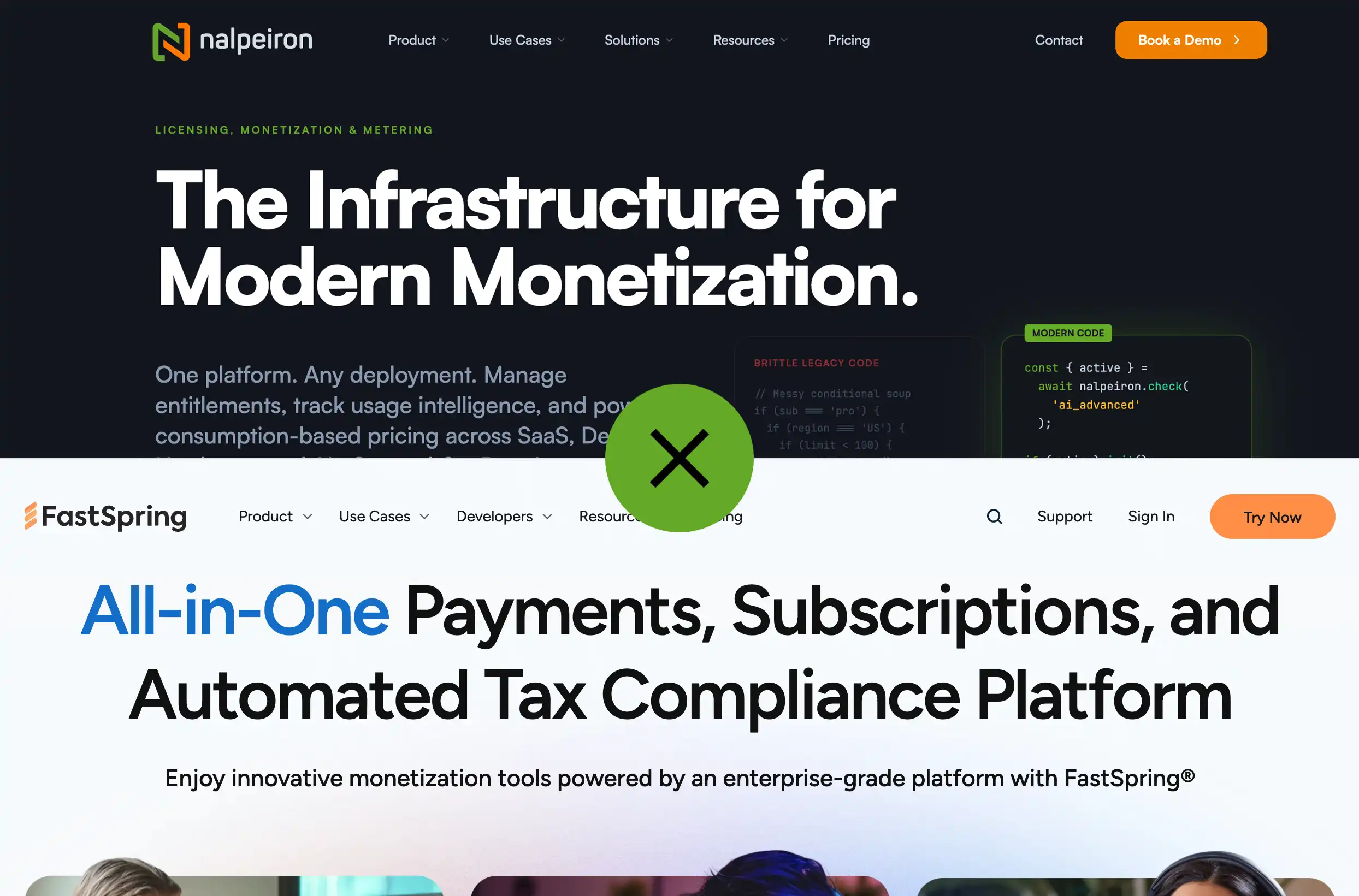Nalpeiron and FastSpring homepages, combined