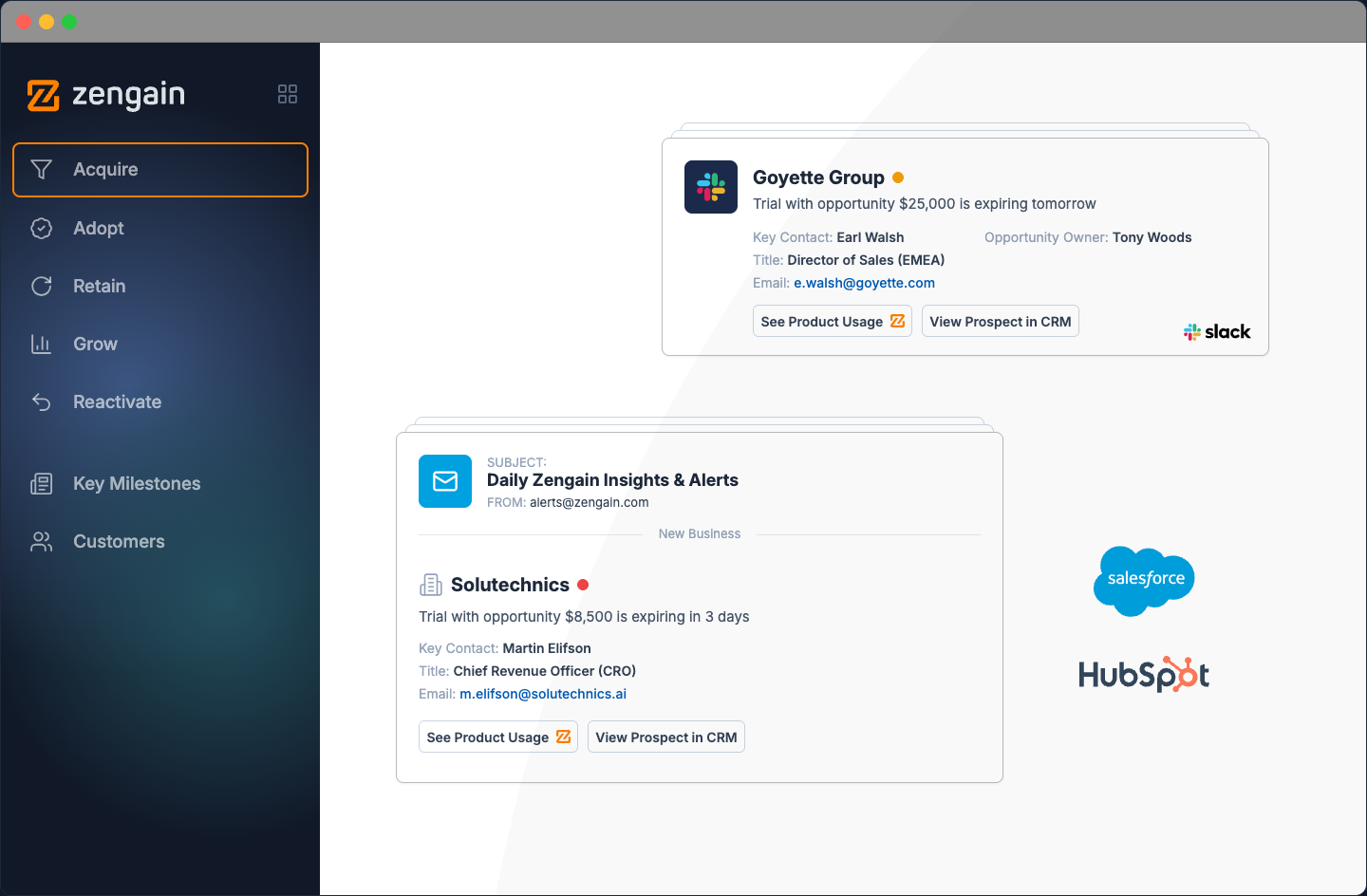 Acquire — Slack and email alerts surfacing trials worth following up on