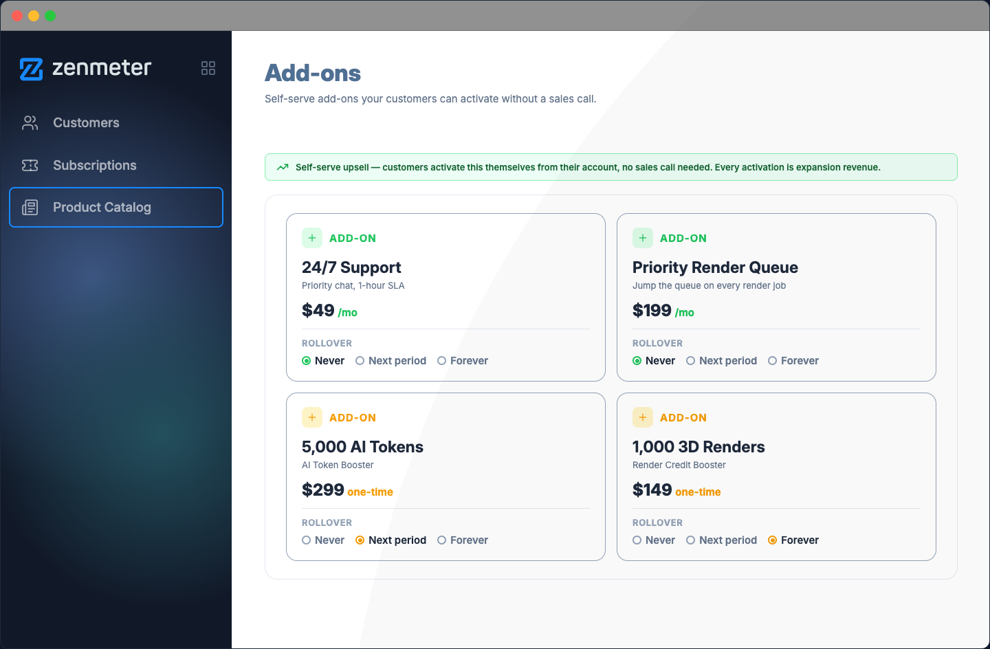 Add-ons — self-serve add-ons customers activate themselves, each with its own rollover setting