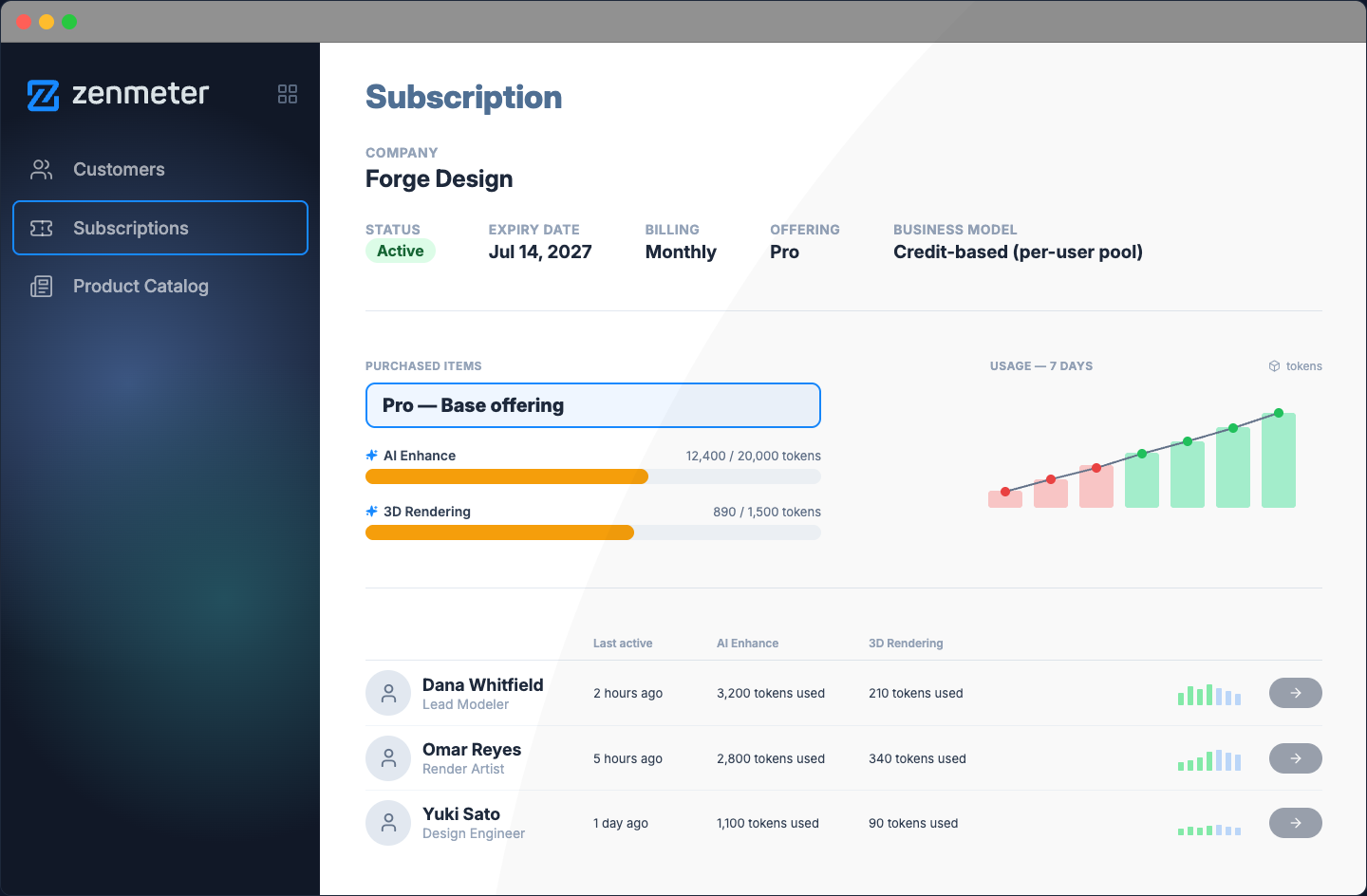 Subscription usage detail — purchased items, live consumption against caps, and per-user activity