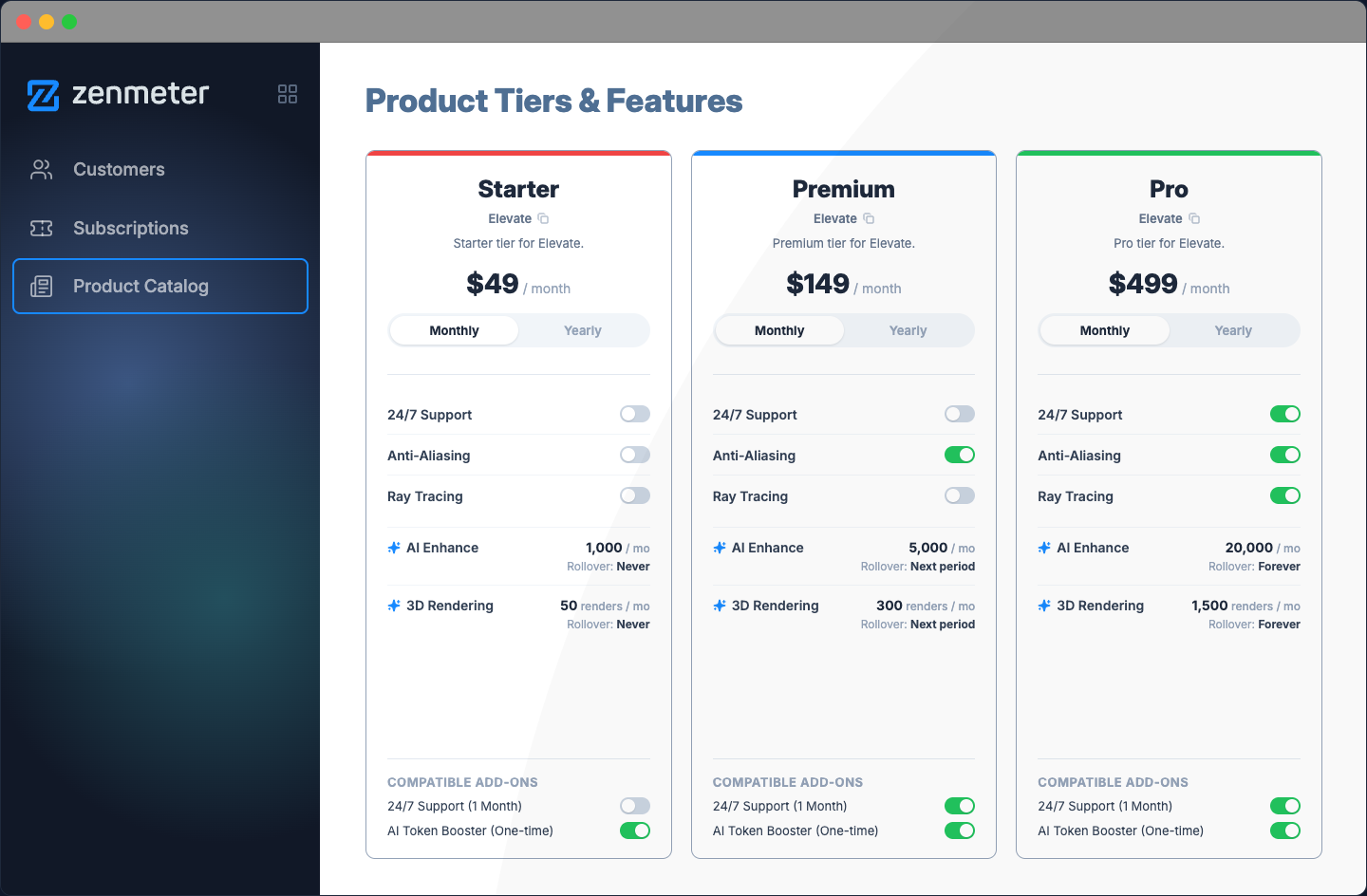 Product Tiers & Features — Starter/Premium/Pro tiers with per-tier feature toggles and metered AI allowances