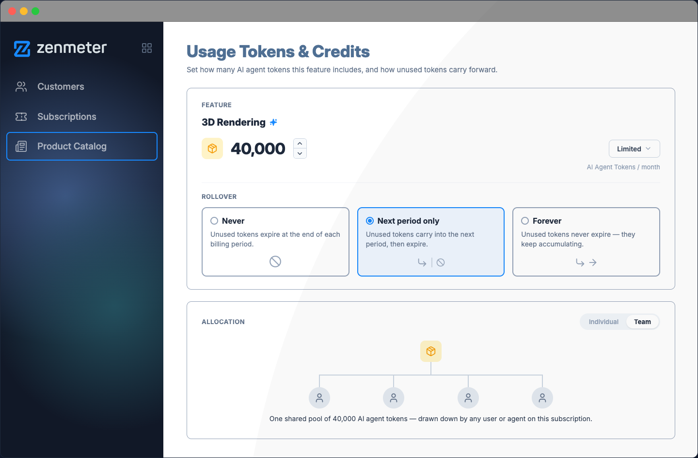 Usage Tokens & Credits — an AI agent token allowance with rollover rules and a shared team pool